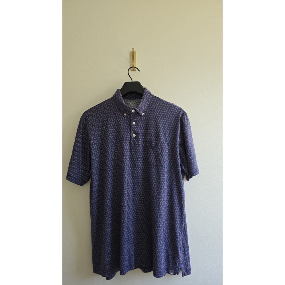 Peter Millar Navy Pima Cotton Polo Shirt Button Down Collar Men's L Red Print